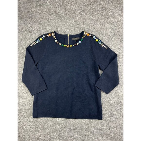 J. Crew Merino Wool Sweater Women's Small Navy Blue Beaded Jewell Pullover - Picture 1 of 6